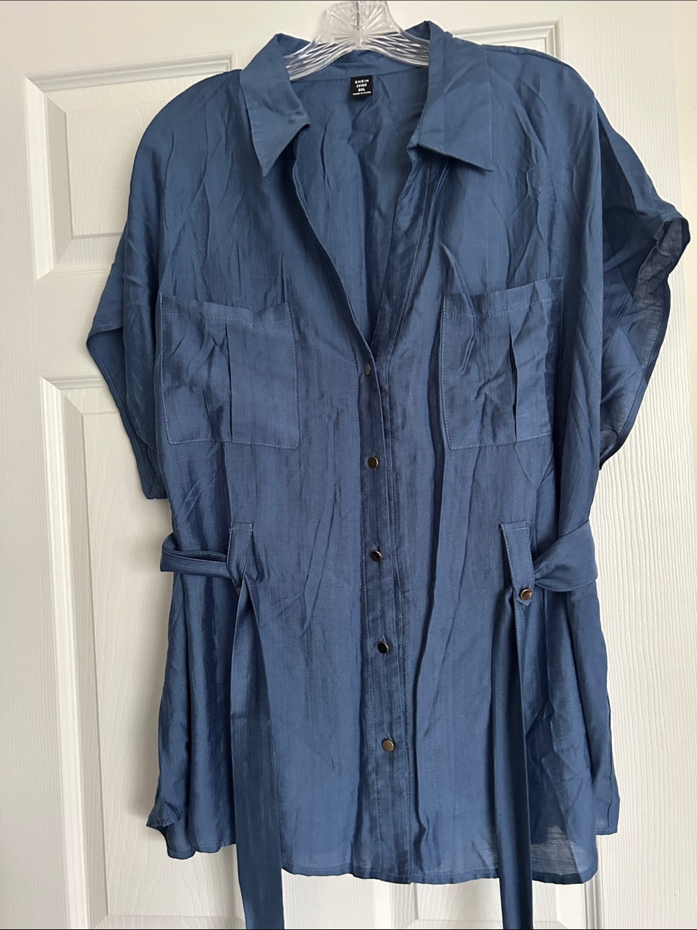 SHEIN Blue Button-Front Short Sleeve Belted Blouse
